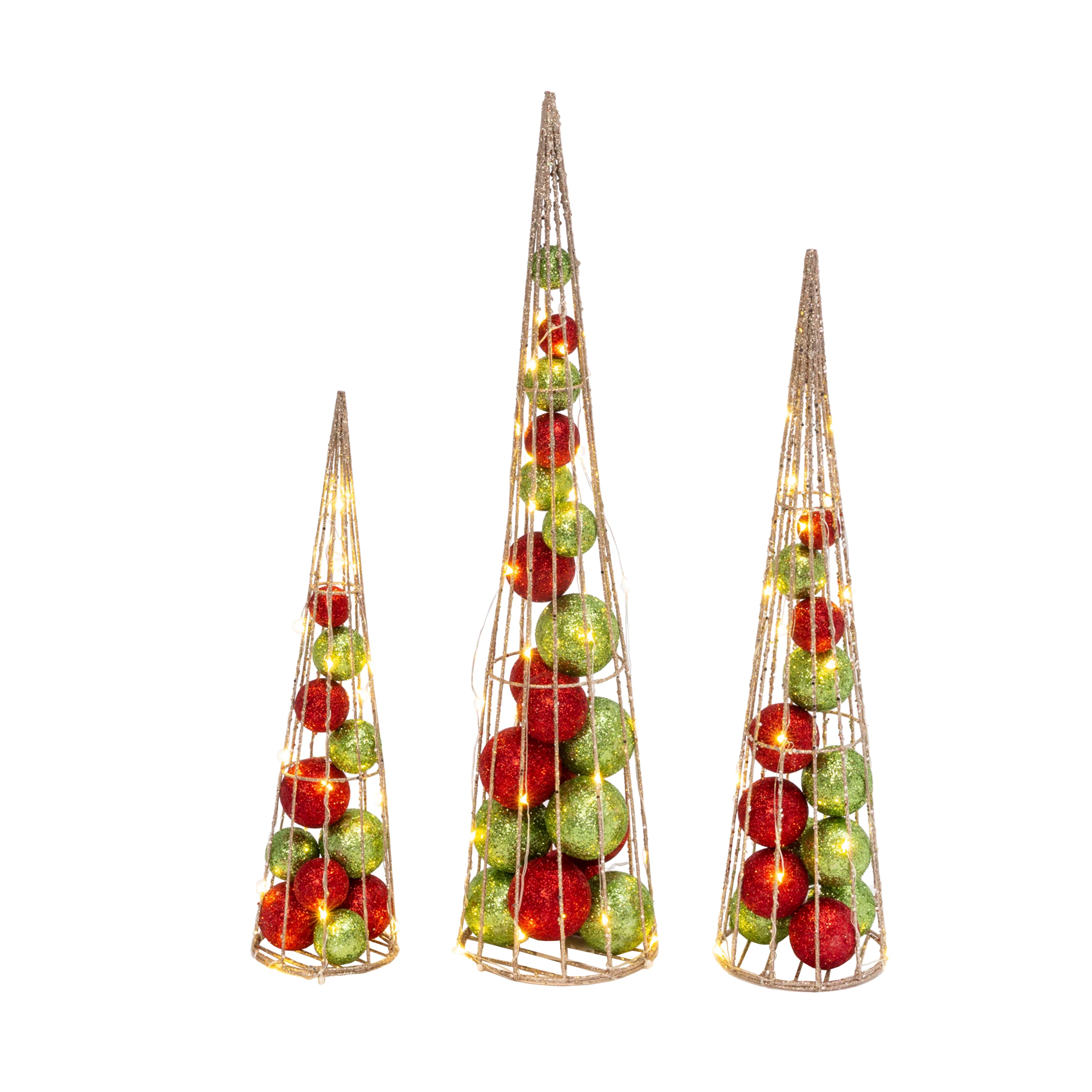 S/3 Battery- Operated Lighted Red & Green Ornament Filled Cone Trees, Lg is 24-in H, Med is 20-in H, Sm is 16-in H